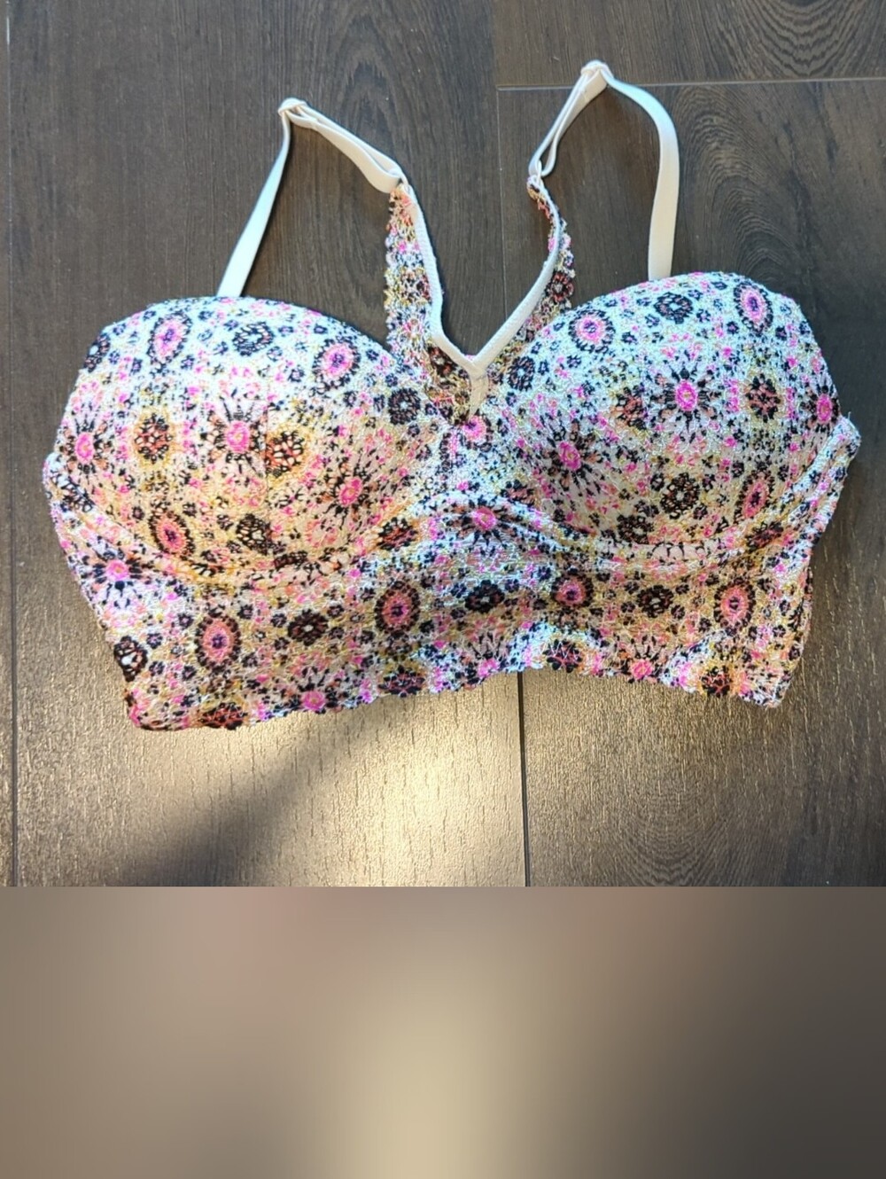 Victoria's Secret White Padded Bra with Pink & Black Floral Accents